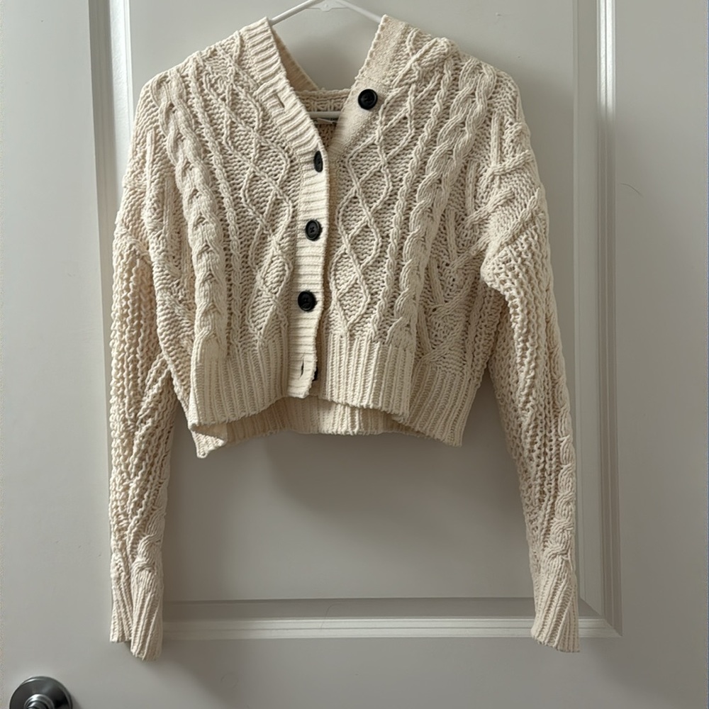 American Eagle Outfitters - Hooded Crop Sweater, Button Down - Cream